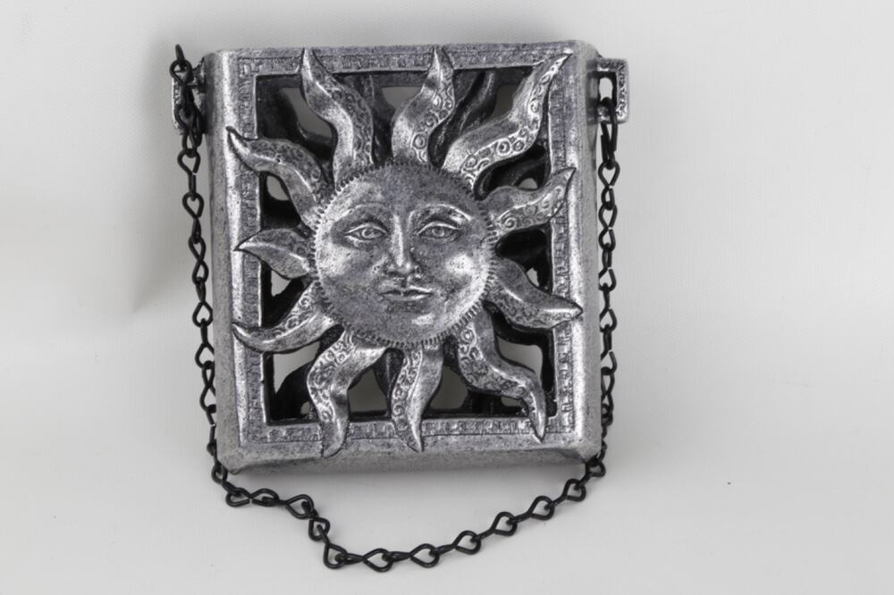 Vintage Celestial Sun Face Sculptural Cast Metal Minaudiere Chain Shoulder Bag